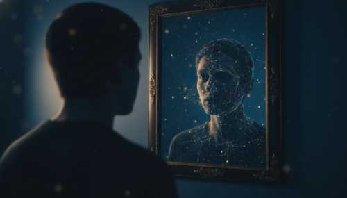 Una imagen conceptual fotorrealista y de alta calidad. Una persona mirando un espejo con poca luz, pero el reflejo muestra una versión sutilmente más oscura de sí misma, compuesta por líneas brillantes de redes neuronales, representando la 'Sombra' psicológica y la neurociencia. Iluminación cinematográfica, contrastes de tonos azules profundos y dorados cálidos.