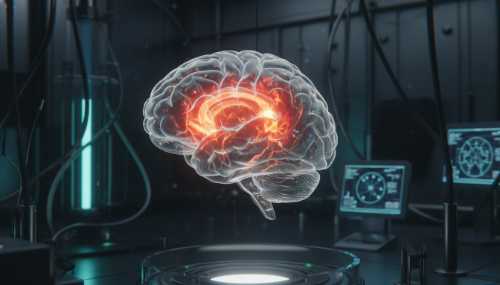 Fotografía fotorrealista de un cerebro humano translúcido y holográfico flotando en un entorno de laboratorio de alta tecnología. El cerebro muestra zonas de calor intensamente brillantes (rojos y naranjas) en el sistema límbico y la amígdala, mientras que la corteza prefrontal aparece apagada y gris, ilustrando el coste metabólico y la fragmentación neural causados por la represión emocional.