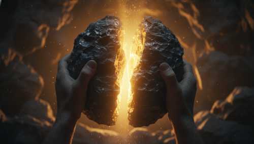 Una imagen fotorrealista de unas manos rompiendo la oscura corteza de una piedra similar a una geoda. El interior revela una luz brillante, radiante y dorada que ilumina todo el entorno, representando el 'oro puro', el talento oculto y la creatividad que se desentierra al integrar la Sombra. Alto contraste entre la oscuridad y el brillo intenso del oro.