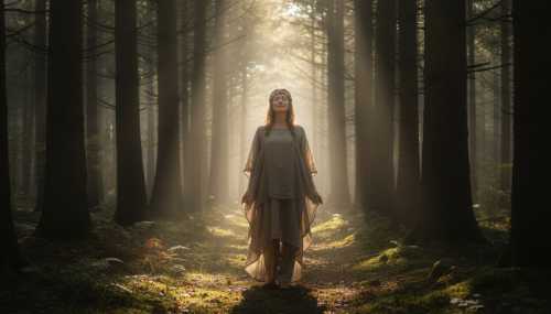Fotografía de alta resolución de una persona saludable y serena parada con confianza en un entorno natural rodeada de árboles. La iluminación está perfectamente equilibrada entre una luz solar brillante y sombras profundas pero suaves, simbolizando la integridad biológica y la perfecta armonía de integrar los contrastes emocionales en una identidad coherente.