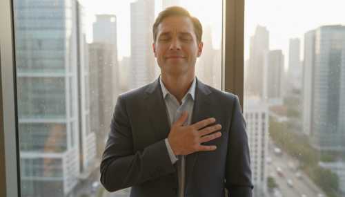 A close-up portrait of a professional individual standing by a large office window looking out at a sprawling modern city. They are pressing one hand firmly over their sternum in a grounding, self-soothing somatic gesture. Soft, warm natural sunlight illuminates their face, expressing a sense of regaining biological control and inner peace. Photorealistic, highly detailed, serene atmosphere.