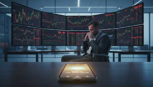 An exhausted, stressed professional sitting at a sleek desk surrounded by overwhelming digital screens showing chaotic graphs. In the foreground, a smartphone rests on the desk displaying a bright, artificially serene meditation app with a glowing lotus flower. Cold, oppressive corporate lighting highlights the absurdity and disconnect between the calming app and the toxic work environment. Photorealistic, dramatic.