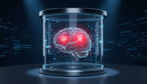 A highly detailed, realistic 3D render of a human brain glowing with bright red warning lights around the amygdala and prefrontal cortex. The brain is suspended inside a sleek, modern holographic medical display. Cinematic lighting, scientific and medical aesthetic, dark background with subtle blue data lines, photorealistic.