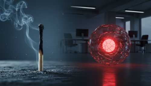 A cinematic, photorealistic composition representing the contrast between burnout and moral injury. On the left side of the frame, a burnt matchstick fading into smoke. On the right side, a shattered glass sphere glowing from within with an intense, warning red light inside a modern, cold corporate office, symbolizing a fractured ethical code. Moody lighting, 8k resolution, highly detailed.