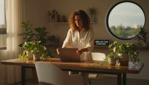 A conceptual, photorealistic image showing a harmonious workspace of 2026. A desk bathed in warm natural light, featuring lots of green plants and ergonomic, minimalist design. A professional is gently closing a laptop with a calm, resolute expression, symbolizing the establishment of healthy boundaries and the transition away from a toxic system. Bright, hopeful, cinematic lighting.