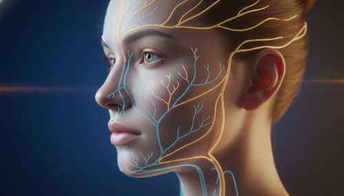 Conceptual photorealistic medical aesthetics image. A close-up profile of a human face with soft, translucent glowing lines tracing the facial lymphatic system and trigeminal nerve. The color palette features calming blues and warm golds, symbolizing the transition from inflammation to balance. Highly detailed, scientific yet elegant.