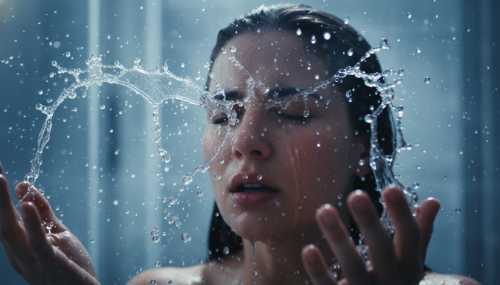 Macro photorealistic shot of a person splashing extremely cold, crystal-clear ice water onto their face. Water droplets are captured in mid-air, frozen in time. The lighting is crisp, fresh, and invigorating, emphasizing the sudden thermal shock and awakening effect. High contrast, highly detailed.