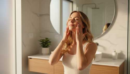 Photorealistic image of a woman in a bright, modern bathroom pressing her fingers gently against her masseter muscle (jawline) and cheekbones with her eyes closed in deep relaxation. She is performing a somatic massage. Warm morning sunlight filtering through a window, soft shadows, skin glowing and relaxed.