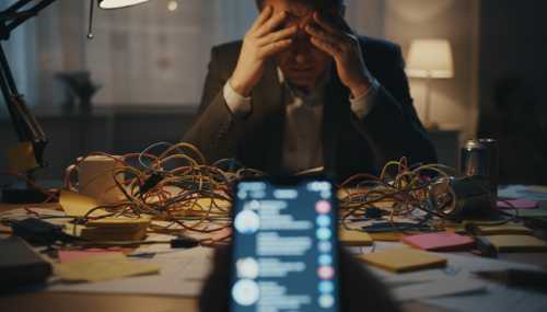 Close up of an exhausted professional rubbing their eyes at a desk overflowing with tangled cables, sticky notes, and scattered papers. Shallow depth of field, highlighting a glowing, distracting smartphone screen in the foreground. Moody, cinematic lighting emphasizing mental fatigue, photorealistic.