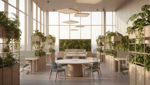 A stunning modern office space designed with neuroarchitecture principles. High ceilings, large windows flooding the room with warm morning sunlight, lush green indoor plants beautifully integrated into wooden shelves. A calm, focused atmosphere, architectural photography, hyper-detailed.
