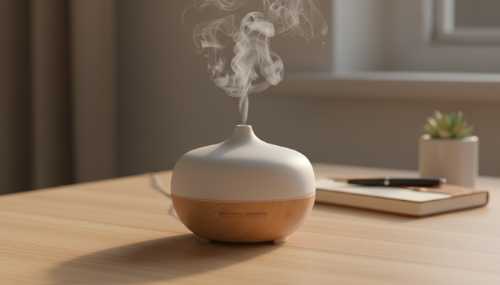 Macro photography of an elegant essential oil diffuser emitting a fine mist on a clean, wooden minimalist desk. Soft, warm ambient light, serene and calming mood. A blurred notebook and pen in the background. Photorealistic, focus on the mist and texture of the wood.