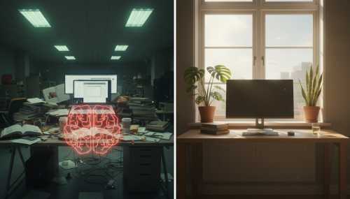 A cinematic, ultra-realistic split-screen image. On the left, a chaotic and cluttered desk bathed in harsh, stressful fluorescent lighting, representing a 'fried' brain. On the right, a pristine, minimalist, functionally optimized workspace with natural sunlight and plants, representing the 'prepared environment'. High contrast, neuro-architectural aesthetic, 8k resolution.