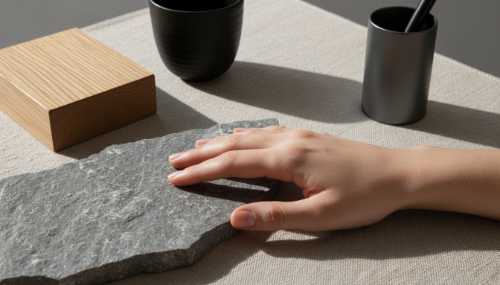 Close up of a person's hand resting on a beautifully textured, natural stone and linen desk mat. Surrounding elements include natural raw wood and matte surfaces. Tactile, sensory-rich lighting, emphasizing the textures of the materials. Modern 'Gummymoda' minimalist aesthetic, hyper-realistic.