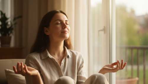 A close-up portrait of a serene woman sitting by a window bathed in soft natural sunlight. She is taking a deep breath with her hands open in a relaxed posture, symbolizing the 'rest and digest' state of the nervous system and the activation of the vagus nerve. Ultra-detailed, photorealistic, 85mm lens, soft depth of field.
