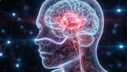 A photorealistic conceptual image showing a human head in profile with a glowing neural network. The amygdala region is glowing with a tense, warning red light, while the prefrontal cortex shines with a calm, serene blue light, representing the shift from biological stress to peaceful acceptance. Cinematic lighting, 8k resolution, macro photography.