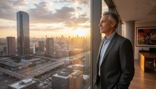 A healthy, mature CEO looking calmly and confidently out of a large glass window in a skyscraper overlooking a modern city at golden hour. The warm light illuminates their face, symbolizing cognitive clarity, cellular longevity, and mental peace in a high-pressure environment. Professional photography, realistic textures, 8k.