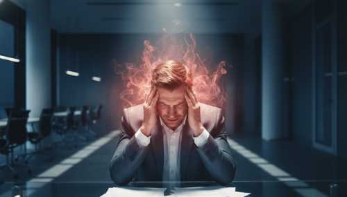A highly realistic, dramatic image of a professional in a modern office grasping their head in severe stress. Subtle, metaphorical visual effects of faint smoke or a red thermal glow surround them, symbolizing an 'overheated engine' from cortisol intoxication and cognitive resistance. Sharp focus, dramatic shadows, cinematic atmosphere.