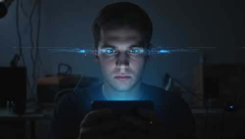Fotografía cinematográfica y fotorrealista de un joven en una habitación oscura iluminado únicamente por la luz azul brillante de su smartphone. Su expresión es vacía y apática, con un sutil efecto visual de códigos de datos o luces tenues fluyendo desde la pantalla hacia sus ojos, simbolizando el secuestro de su atención. Iluminación dramática, alto contraste, texturas hiperrealistas en la piel.