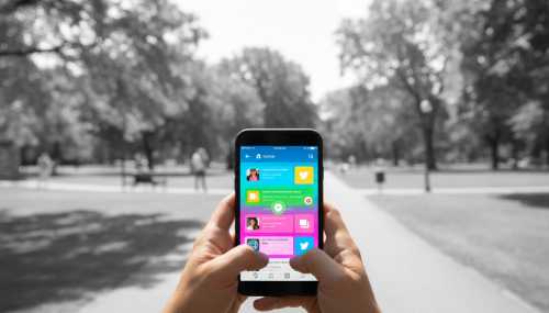Fotografía conceptual en primera persona (POV). Se ven unas manos sosteniendo un smartphone vibrante con una pantalla ultra colorida y brillante mostrando redes sociales. Sin embargo, el fondo desenfocado detrás del teléfono muestra un parque hermoso y soleado que aparece completamente en escala de grises, apagado y sin vida. Fotorrealismo, profundidad de campo profunda, contraste temático.