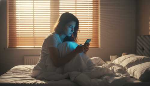 Escena matutina hiperrealista. Una mujer recién despertada en una cama revuelta. La cálida luz del sol de la mañana intenta filtrarse por las persianas, pero ella le da la espalda a la ventana, encorvada y mirando su teléfono con el ceño fruncido. La dura luz azul de la pantalla ilumina su rostro estresado, creando una clara división visual entre la calma del amanecer y la ansiedad digital.
