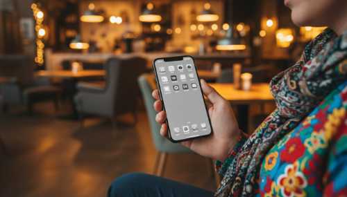 Plano macro sobre el hombro de una persona sosteniendo un smartphone moderno. La pantalla del teléfono muestra una interfaz de usuario completamente en escala de grises, sin colores. Esto contrasta fuertemente con la ropa vibrante del sujeto y el fondo cálido y colorido de una acogedora cafetería, destacando el efecto del filtro gris. Fotorrealismo, enfoque nítido en el dispositivo.