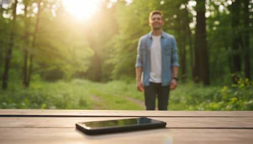 Fotografía optimista y luminosa de estilo 'Golden Hour'. En primer plano, desenfocado, hay un smartphone abandonado sobre una mesa rústica de madera. En el fondo, perfectamente enfocado, un joven camina felizmente por un sendero forestal frondoso y verde, disfrutando de un 'Silent Walk' inmerso en la naturaleza. Luz solar cálida, destellos de lente (lens flare), sensación de libertad y vitalidad.