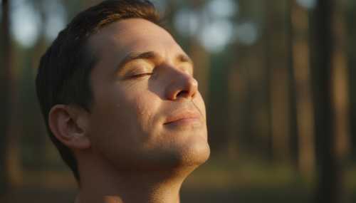 Close-up portrait of a man with his eyes closed, taking a deep, exhaling breath after a moment of intense shaking. Sweat glistening slightly on his skin, his expression transitioning from intense tension to immense relief and peace. Natural, dramatic side lighting casting soft shadows, captured with a 50mm lens for a highly intimate and therapeutic feel.