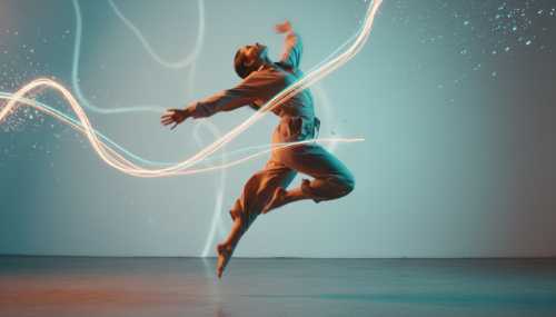 A vibrant, high-speed photography shot of a person in motion, doing expressive and dynamic movements in a beautifully lit, minimalist studio. The motion is slightly blurred at the edges to show kinetic energy, but the subject's face is sharp, focused, and alive. Warm amber and cool teal lighting highlights the physical release, symbolizing cellular rejuvenation through organic movement.