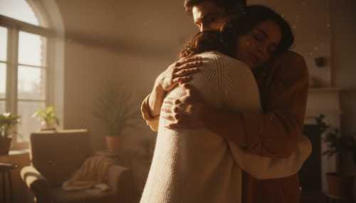 A hyper-realistic, emotionally powerful photograph of two people warmly embracing in a sunlit room, focusing on the comforting touch of hands on the back. Soft, golden-hour light streaming through a window, dust motes dancing in the air. The atmosphere is safe, warm, and deeply healing, highlighting the biological power of human connection and affectivity.