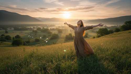 A photorealistic wide shot of a woman standing outdoors with arms wide open, welcoming the morning sun over a vast, lush green valley. The image radiates extreme vitality, freedom, and a return to organic wisdom. Crisp details, vibrant natural colors, capturing a sense of liberation from heavy somato-emotional burdens and reaching full human potential. 8k, majestic and inspiring landscape.