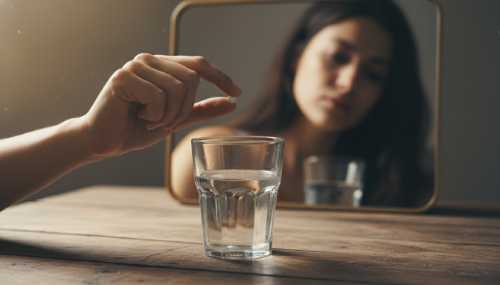 A photorealistic close-up of a woman's hand holding a single birth control pill, hovering over a glass of water on a wooden table. In the background, softly out of focus, a mirror reflection shows her looking pensive. Warm but slightly desaturated tones, natural window lighting, subtle cinematic mood, high detail.