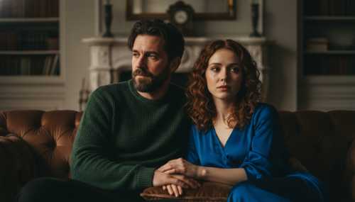 A cinematic, intimate shot of a couple sitting on a couch, physically close but looking in opposite directions, conveying a subtle sense of disconnect or biological mismatch. Soft, dramatic indoor lighting, shadows casting over their faces, hyper-detailed, psychological depth.