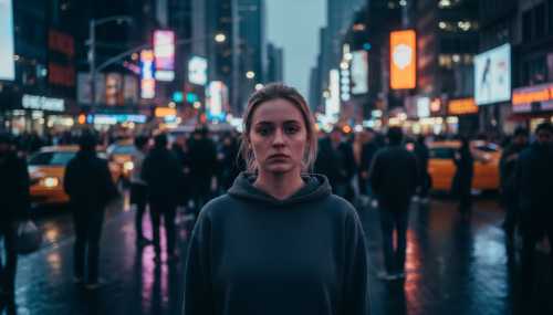 A high-contrast, emotive portrait of a young woman standing in a crowded, visually vibrant city street but looking completely disconnected and apathetic. The crowd around her is slightly blurred in motion. The lighting highlights her expressionless face, symbolizing emotional blunting or anhedonia. Photorealistic, 35mm lens, moody atmosphere.