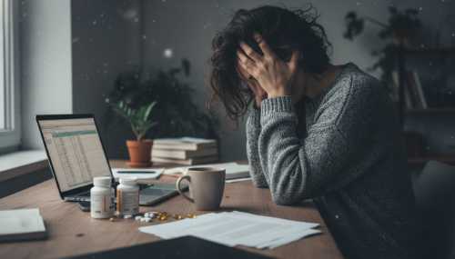 A photorealistic image of a woman sitting at her desk, holding her forehead in her hands in a moment of extreme fatigue or burnout. A cup of coffee and scattered medical supplements (magnesium, vitamin B) are on the desk. Natural overcast daylight coming from a side window, realistic textures, high resolution, portraying exhaustion.