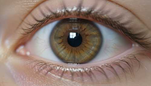 A close-up, highly detailed macro photograph of a human eye looking intently to the side. The lighting reflects subtly on the iris, showing focus and active horizontal eye movement. Calm ambient light, clinical but warm tone, photorealistic texture capturing the complexity of the eye.