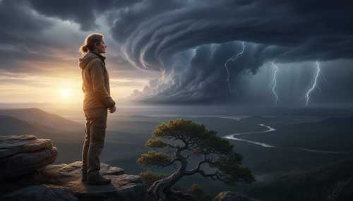 A calm individual standing outdoors, viewing a chaotic storm brewing in the distance across a vast landscape, observing it rather than reacting to it. They look grounded and composed. Soft, golden hour light hitting their face, conveying a sense of meta-awareness and psychological distance, realistic photography, highly detailed.