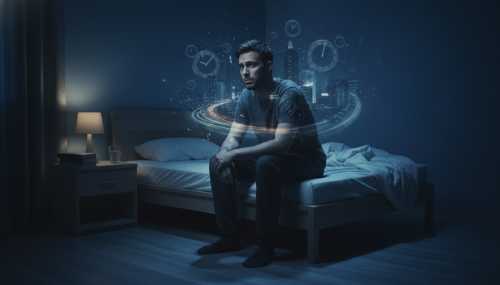A tired but hyper-alert person sitting on the edge of a bed at 3 AM in a dimly lit room, staring into space. Faint, blurred conceptual imagery of clocks or overlapping fast-moving cityscapes swirling around them in soft focus. Deep shadows, moody blue night lighting, highly detailed, photorealistic.