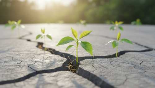 A macro shot of vibrant green saplings breaking through dry, cracked concrete, symbolizing resilience, neural growth, and neuroplasticity. Bright, uplifting sunlight shining directly on the new leaves, sharp focus on the plant with a beautifully blurred background, highly realistic nature photography.