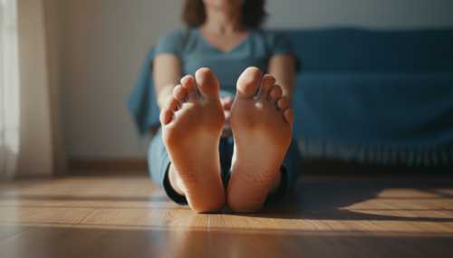 Close-up photorealistic shot of a person sitting peacefully with their eyes closed, taking a deep breath, with their bare feet firmly pressing against a wooden floor. Soft, calming morning sunlight filtering through a window, shades of soothing blue in the background. Focus on mindfulness, grounding, and parasympathetic activation.