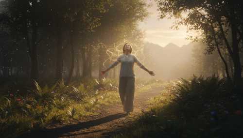 Bright, uplifting photorealistic image of a person stepping out of a dark shadow into a sunlit path in nature, expressing a sense of deep relief, physical lightness, and forward movement. Subtle glowing golden neural connections floating in the warm air, symbolizing neuroplasticity and brain reconstruction, cinematic lighting.