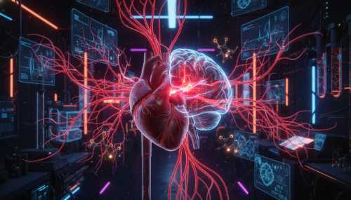 High-quality medical or metaphorical illustration of a human heart and brain connected by glowing red nerve pathways, depicting a state of chronic 'fight or flight' and high cortisol levels. Dark background with medical tech aesthetics, glowing neon accents, highly detailed, photorealistic.