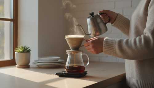 A serene, photorealistic scene of someone carefully brewing pour-over coffee in a minimalist, sunlit kitchen. The morning sunlight pours in, highlighting the precise, repetitive pouring of steaming water over the coffee grounds. Peaceful atmosphere, sharp focus on the hands and the brewing equipment, conveying deep calmness, safety, and structured routine.