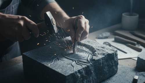 Macro photography of an artisan's hands carefully carving a piece of solid stone with a metal chisel. Sparks and stone dust catch the dramatic, focused studio light. Highly textured and realistic, visually representing the concept of neuroplasticity, discipline, and carving order out of raw nature.