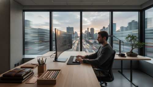 A modern, immaculately organized workspace viewed from a slightly wide angle. A person sits with a calm, composed posture, working effortlessly at a desk where every notebook and tool has a specific place. Outside the large window, a slightly blurred, fast-paced city creates a contrast, highlighting the workspace as a protective, structured sanctuary. Architectural precision, photorealistic, 35mm lens.