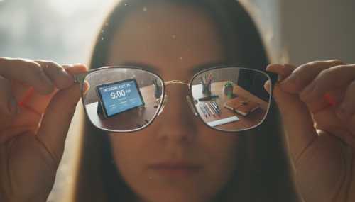 A close-up, highly realistic shot of a person putting on stylish glasses. In the reflection of the lenses, we see a perfectly organized desk with a softly glowing digital calendar and neatly arranged tools. Soft natural morning light, highly detailed photography conveying a sudden sense of clarity and focus emerging from chaos.