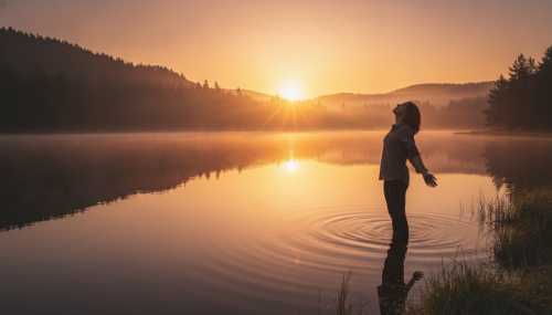 A breathtaking view of a young adult standing at the edge of a calm lake at sunrise, arms slightly open, breathing deeply in a state of ultimate peace and expansion. Golden hour lighting, vibrant warm colors, reflection on the water, photorealistic, inspiring.