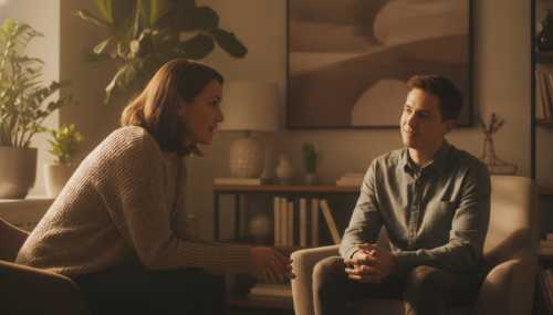 A compassionate, empathetic therapist sitting in a modern, cozy office with warm sunlight filtering through plants. They are leaning forward gently, engaging in a meaningful conversation with a patient who appears thoughtful and relieved. Soft focus background, photorealistic, warm color grading.