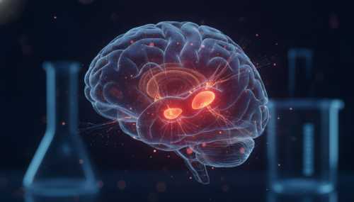 Hyper-detailed 3D medical visualization of a human brain glowing in a dark environment. The amygdala and hippocampus are highlighted with subtle pulsing red and orange energy, representing hyperreactivity and emotional scarring. Futuristic, scientific, macro photography style.