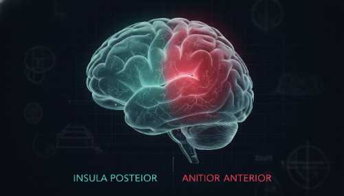An elegant anatomical and medical illustration of the human insular cortex, split into two distinct, glowing areas. The posterior insula is highlighted in a calm, analytical teal light, while the anterior insula glows in a vibrant crimson-red light. Clean lines, semi-transparent brain model, professional medical textbook style, dark academic background with subtle grid lines.