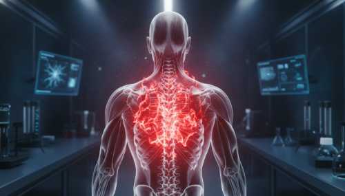 A visual representation of brain predictive error. A semi-transparent human back and spine with a glowing, red, holographic projection of pain hovering over completely healthy, normal muscle and bone tissues. The background is a clean, dark futuristic laboratory setting. High contrast, sharp focus, cinematic volumetric light.
